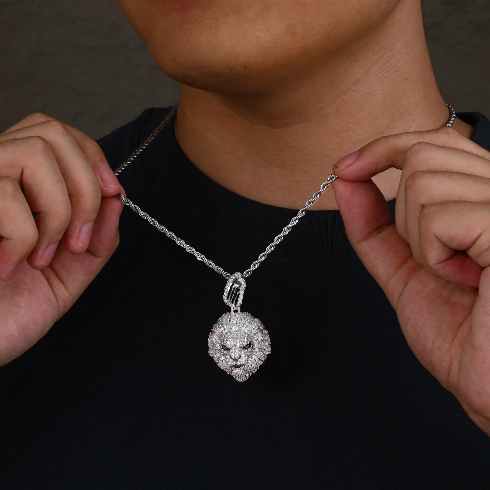 Professional male styling white gold lion pendant with rope chain - hypoallergenic 925 silver statement jewelry for men