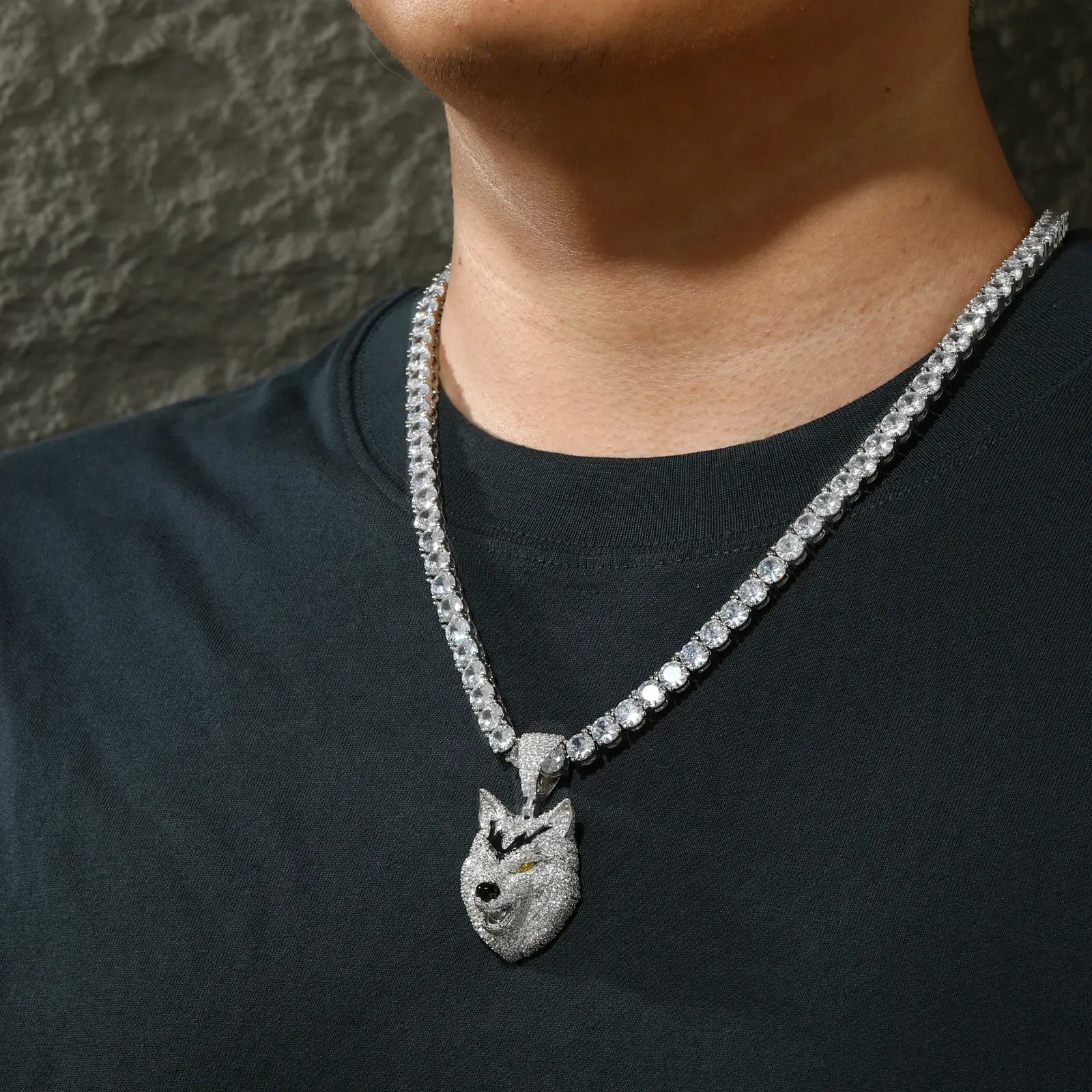 Professional male showcasing white gold wolf pendant on tennis chain - hypoallergenic S925 silver statement necklace