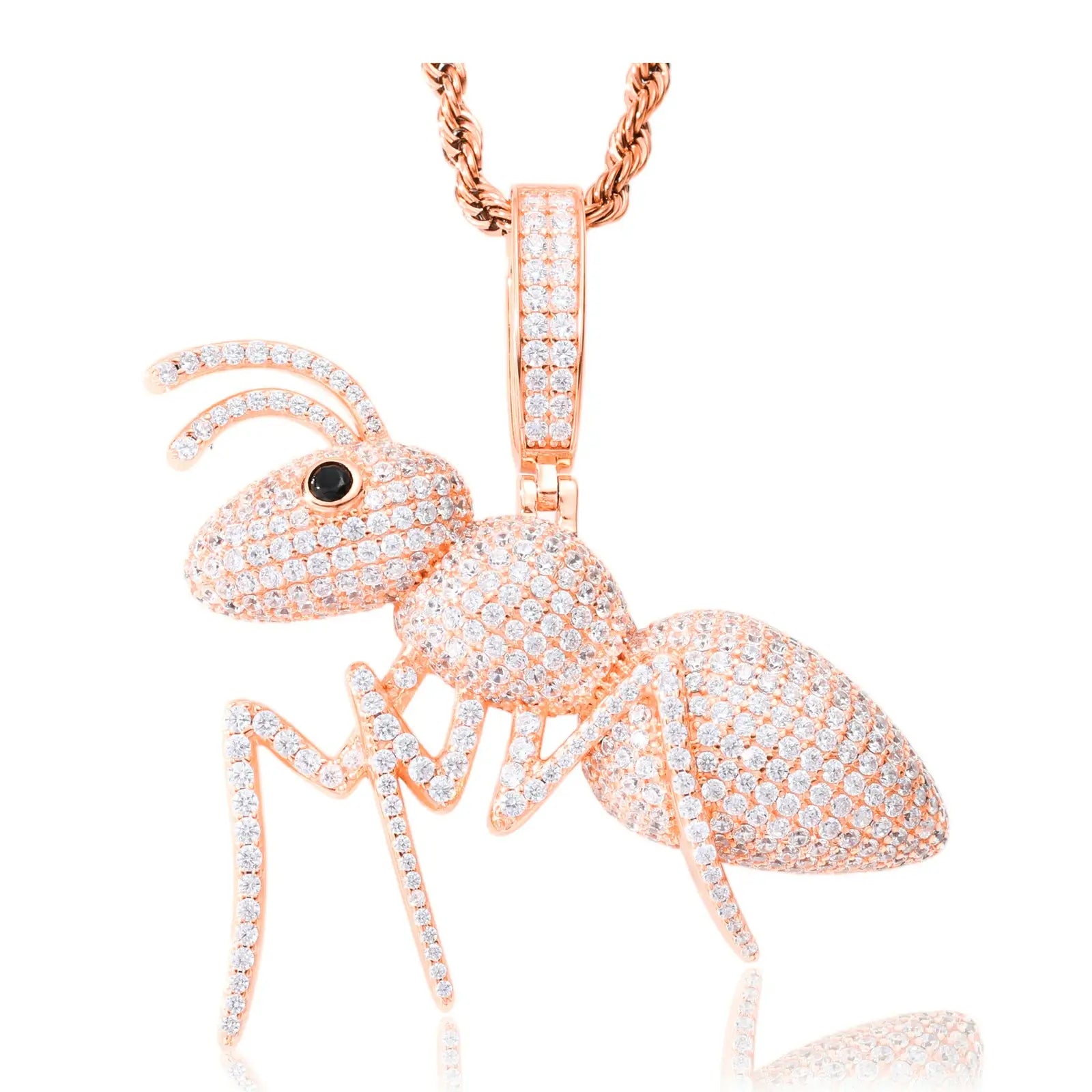 Rose gold ant pendant displayed on white background - unique pink gold finish with moissanite stones and intricate detailing