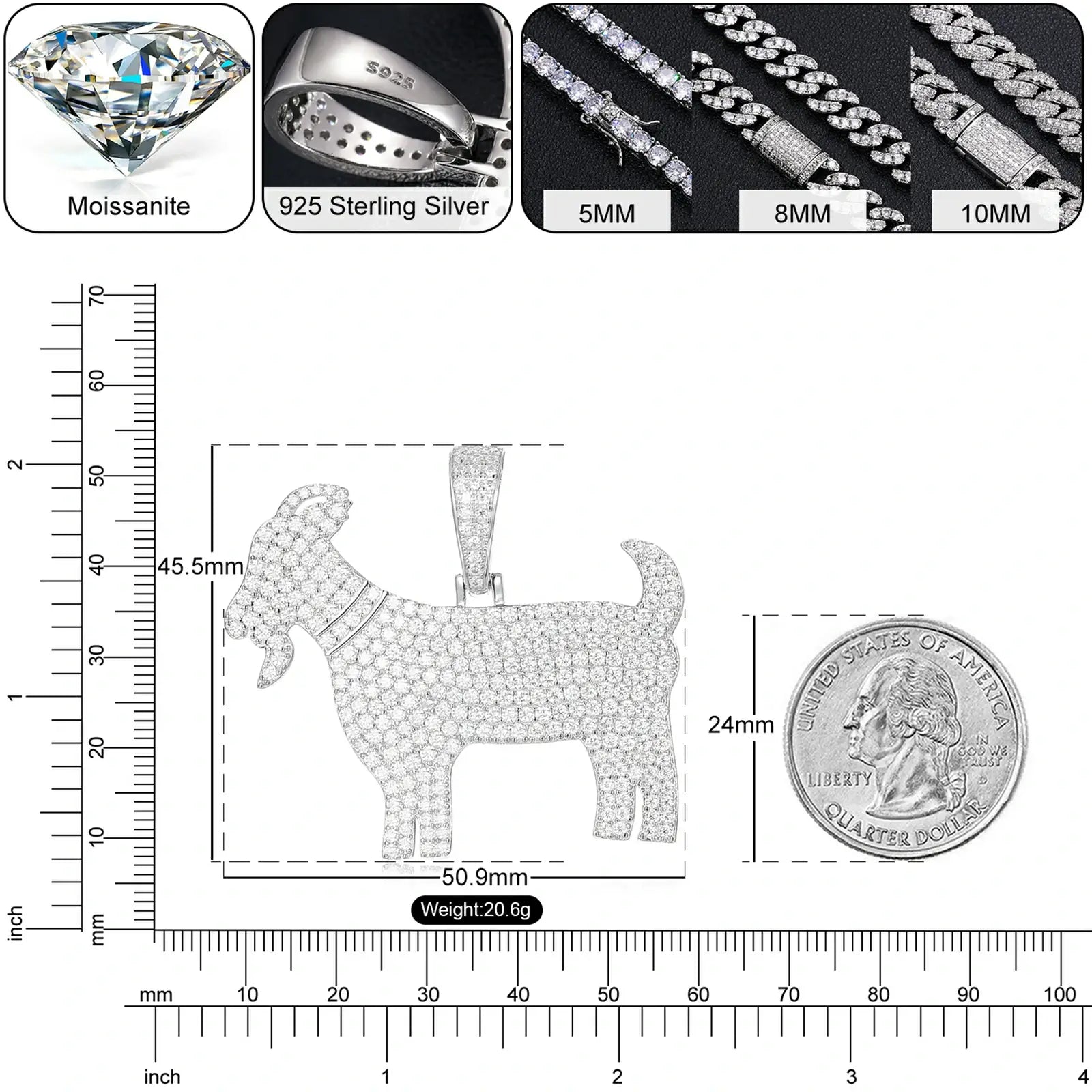 Size comparison: Goat pendant next to quarter coin - 38mm height, 22mm width, VVS moissanite | Hypoallergenic S925 specs