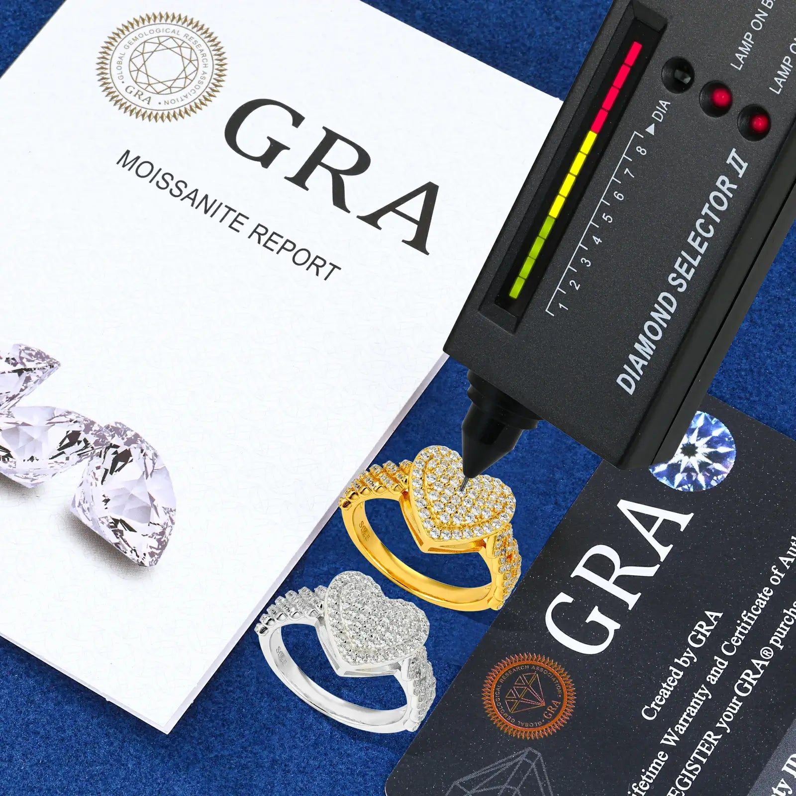 Diamond tester showing RI 2.65 for white & gold rings with GRA certificate #SR24 | Authentic moissanite proof 0805 stamp visible