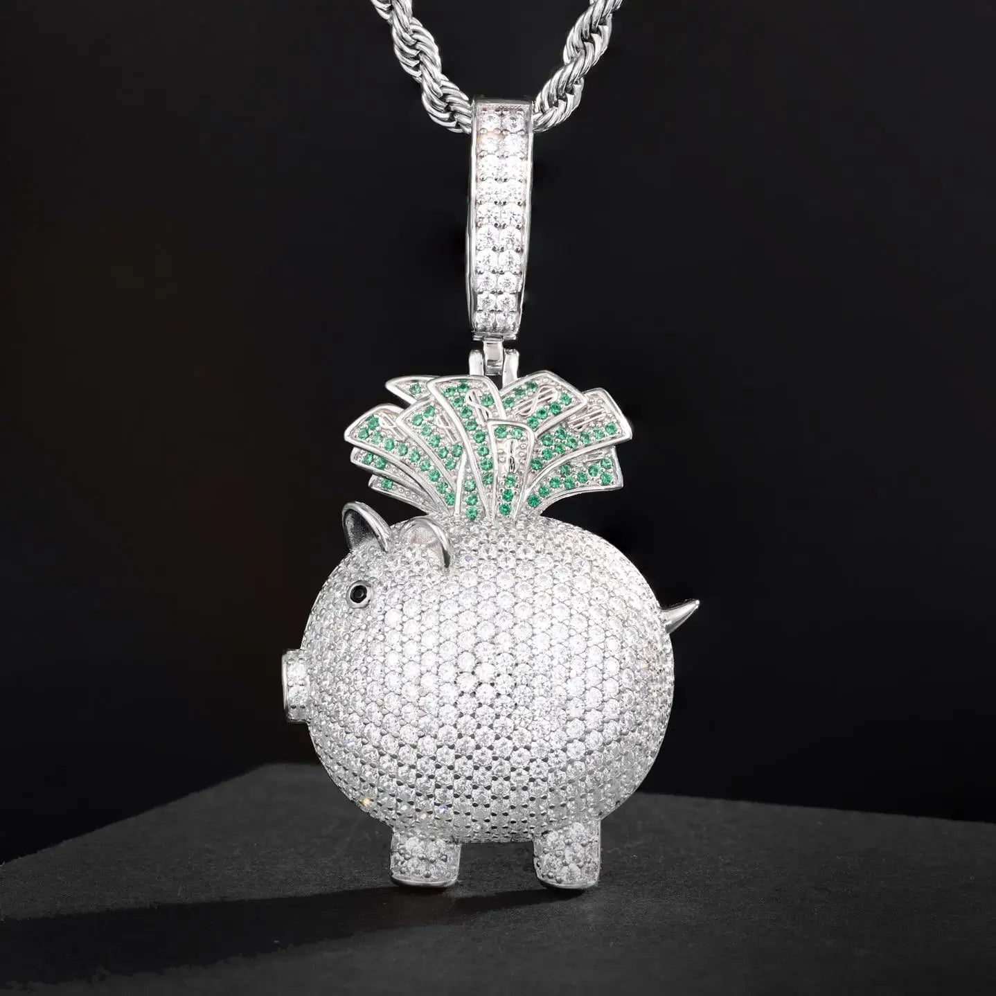 Front view: S925 piggy bank pendant on twisted chain against black - moissanite body with cash fan design | Men's luxury prosperity jewelry