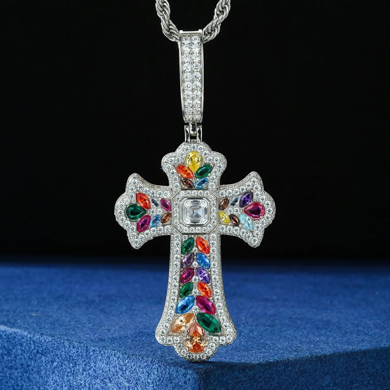 Hypoallergenic 925 silver candy color cross pendant with VVS moissanite stones in white gold plating, floating product shot