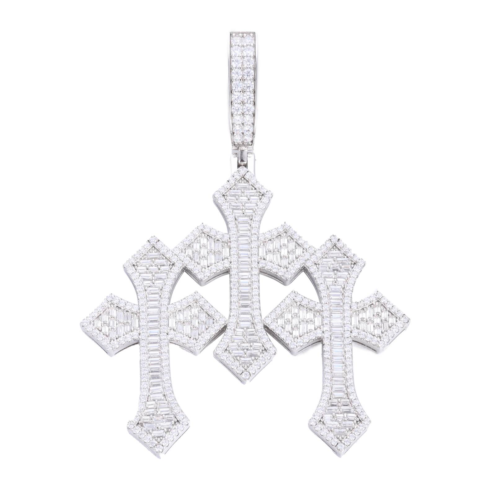 Professional product image: 360-degree view of stacked cross pendant on white background, highlighting 3D laser-etched details and 37 baguette-cut moissanites