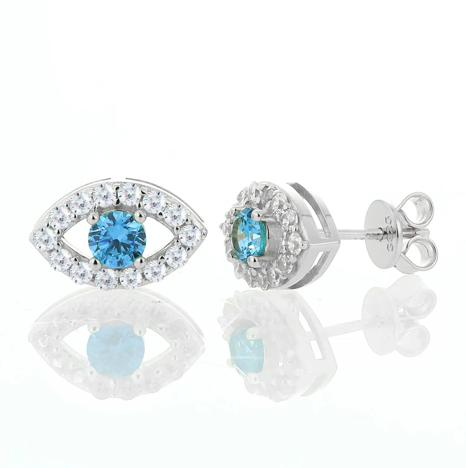 Studio shot: Blue moissanite evil eye studs on white background | 2.65 refractive index fire scattering spectral rainbows