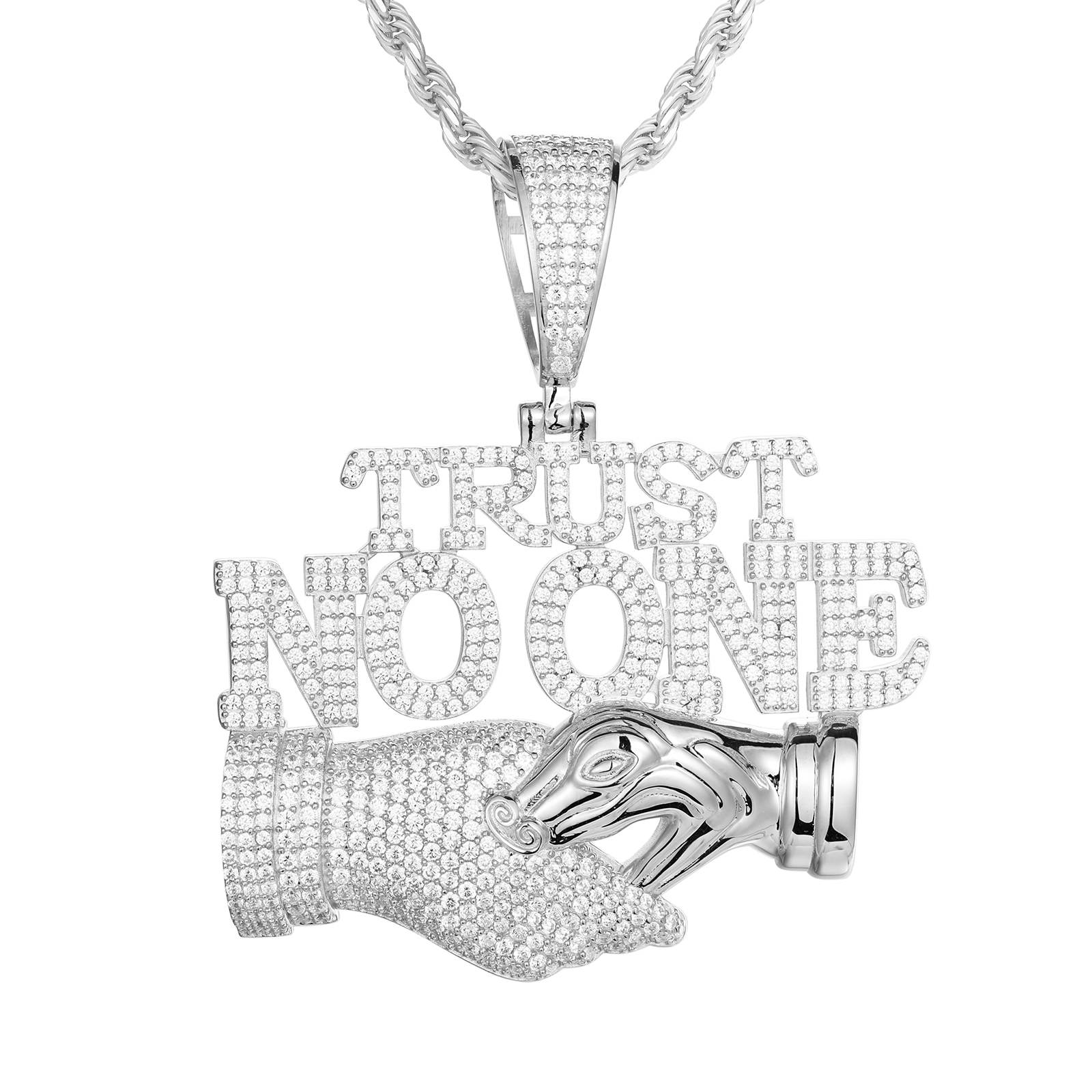 Rhodium-plated "TRUST NO ONE" pendant on white background - 0.104 moissanite dispersion > diamond | EN1811 certified