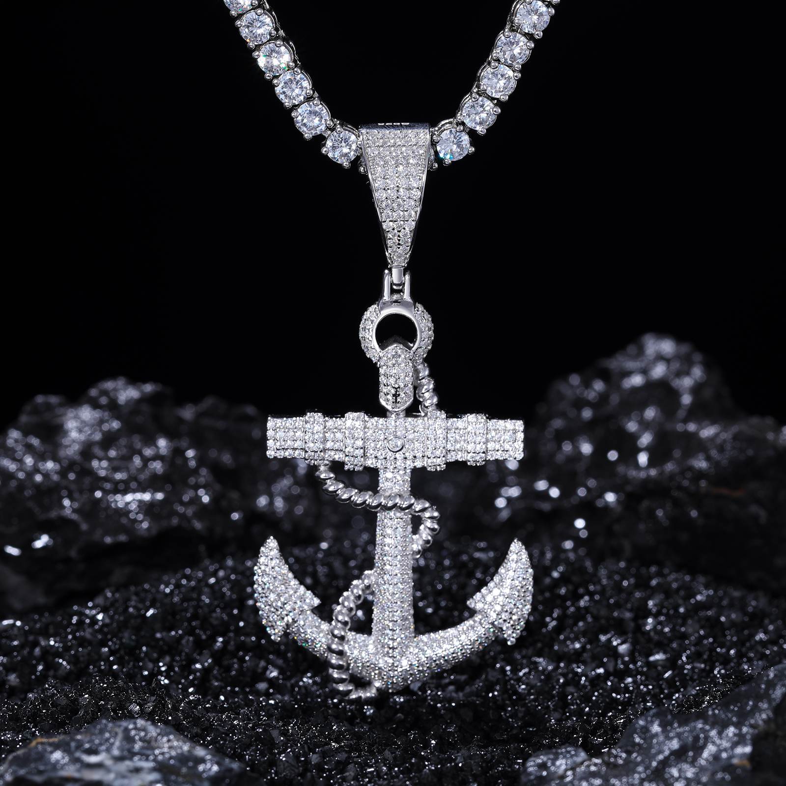 S925 anchor pendant on black velvet - micro-moissanite links blazing 2.65 RI fire | Maritime heritage in hypoallergenic silver