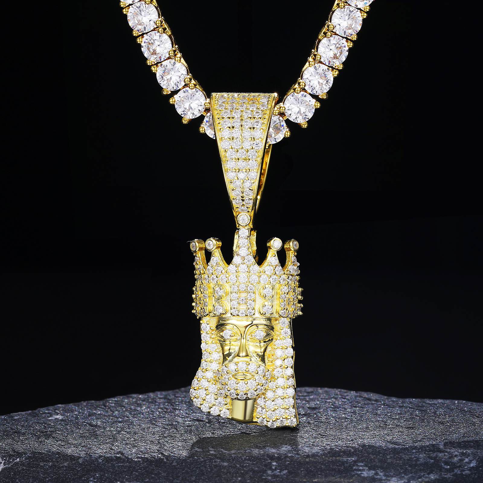 18K gold Jesus crowned pendant on black velvet - VVS moissanite halo blazing 2.65 RI fire | Sacred kingship in liquid metal