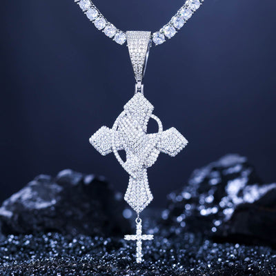 S925 pray hand pendant with hanging cross on black velvet - VVS moissanite knuckles radiating sacred light | Spiritual armor jewelry