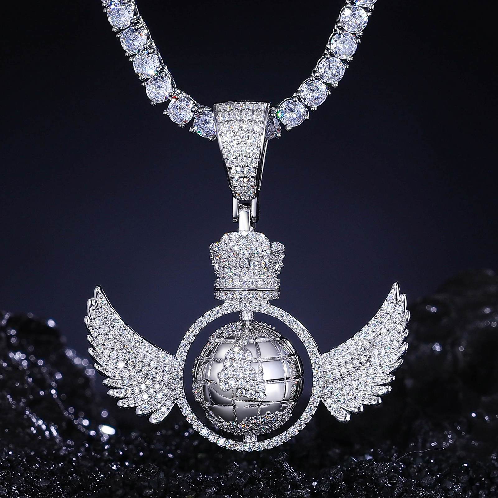 360° spinning earth globe pendant with moissanite oceans on black - articulated wings blazing VVS fire | Hypoallergenic S925 kinetic art