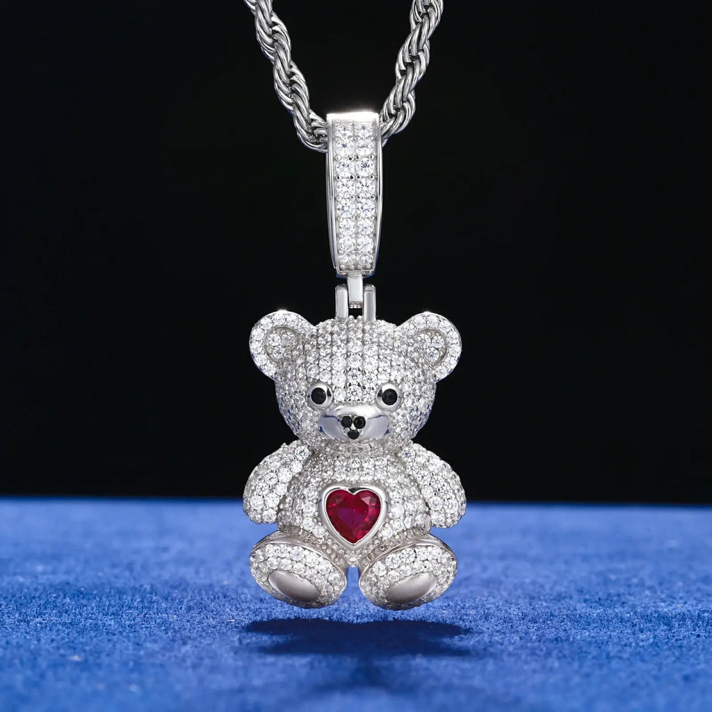 925 Sterling Silver Moissanite Sweetheart Bear Pendant