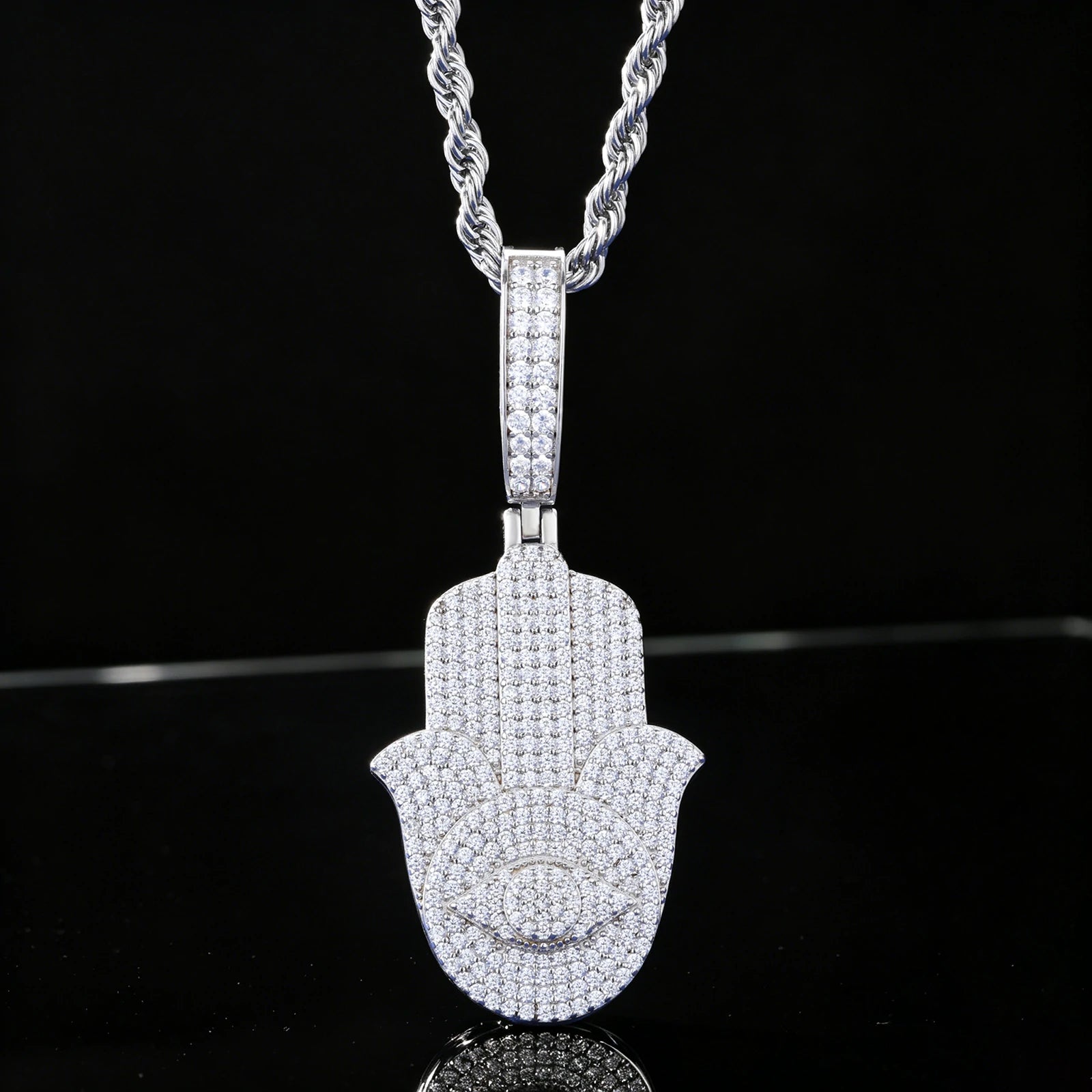 S925 Moissanite Hamsa Hand Pendant with Evil Eye