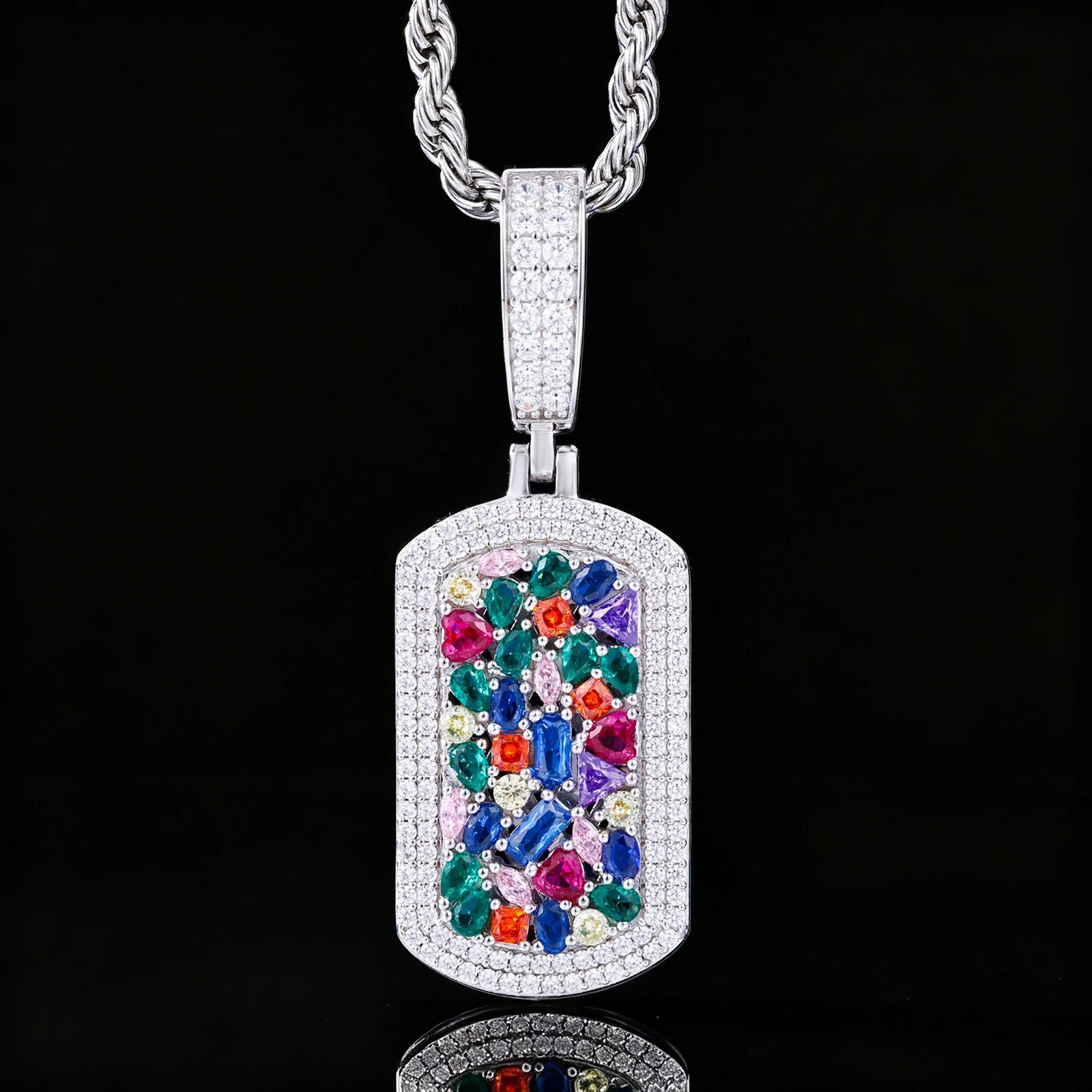 S925 Moissanite Colorful Gemstone Dog Tag Pendant