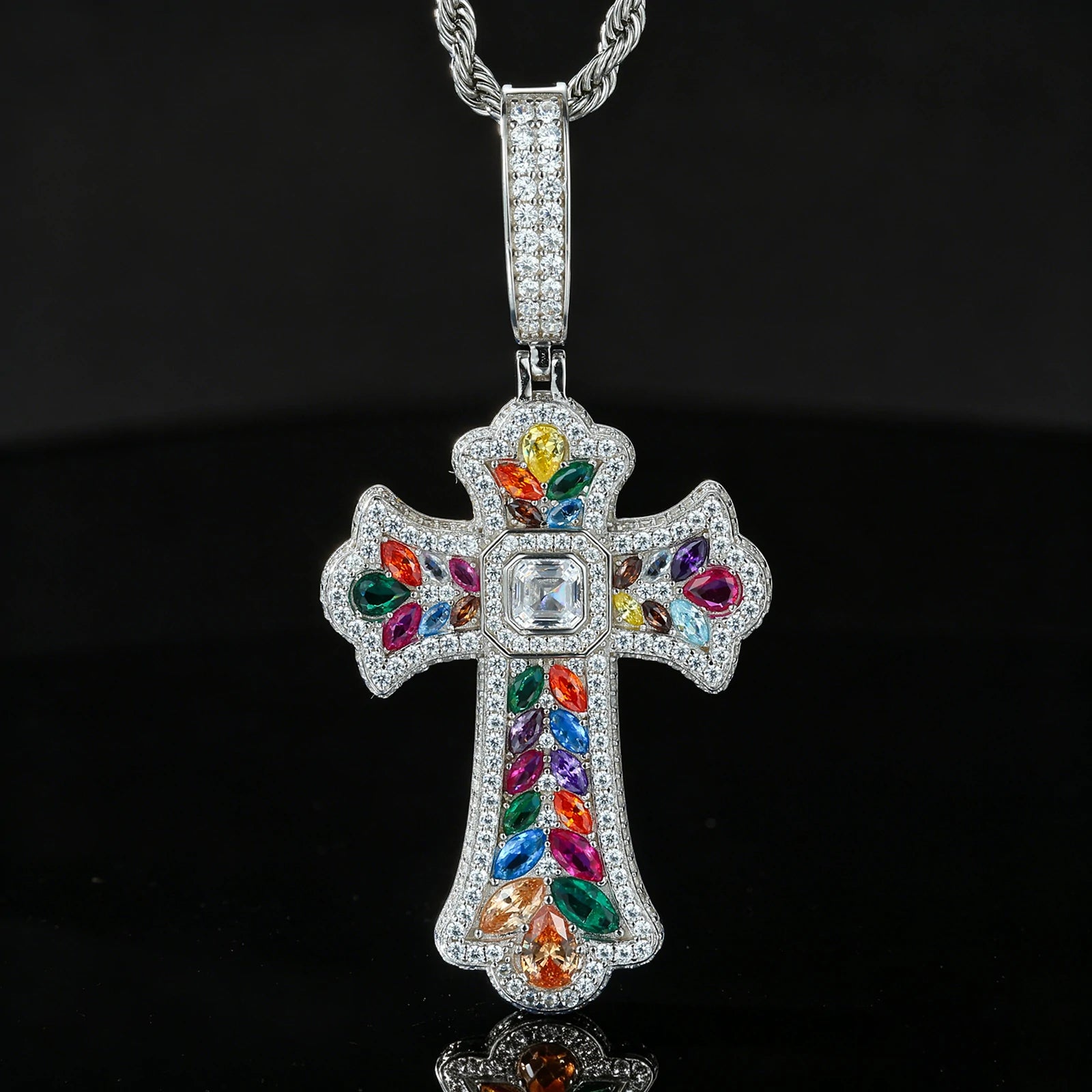 S925 Moissanite Assorted Candy Iris Cross Pendant