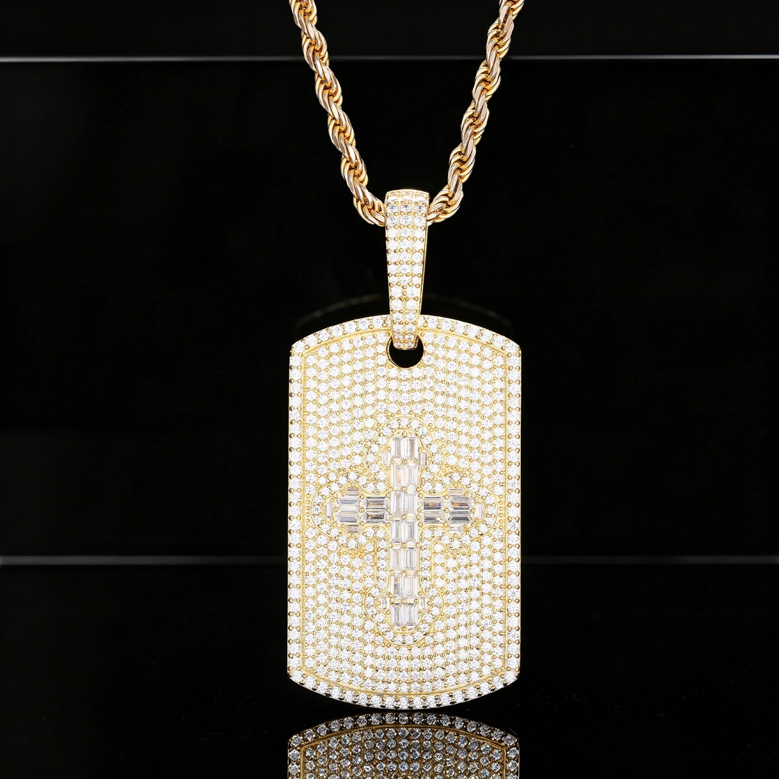 S925 Moissanite Baguette Cross Sign Dog Tag Pendant