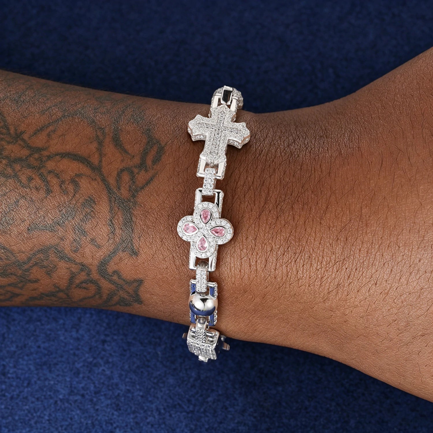 14mm S925 Moissanite Pink Four Leaf Clover Cross Bracelet