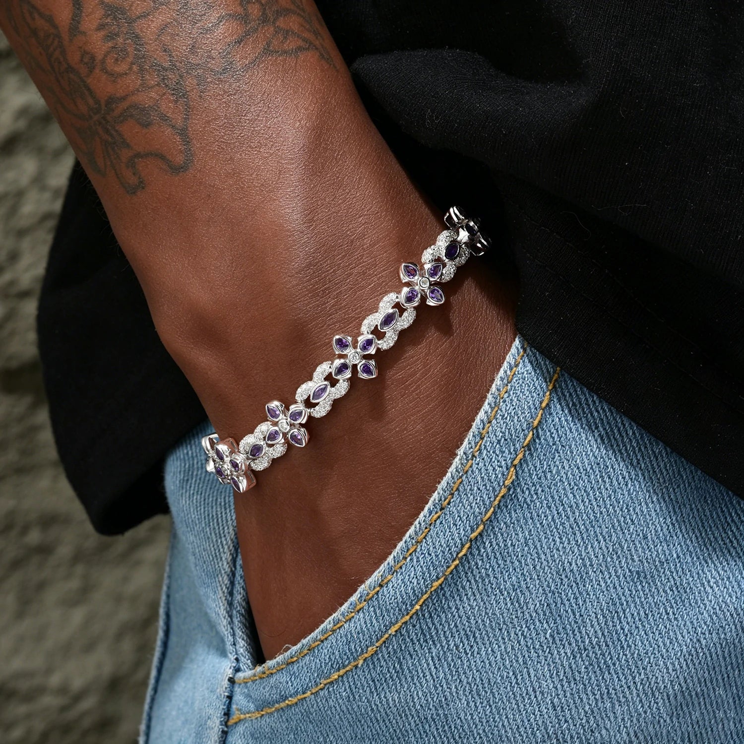 10mm S925 Moissanite Purple Four-leaf Clover Infinity Bracelet