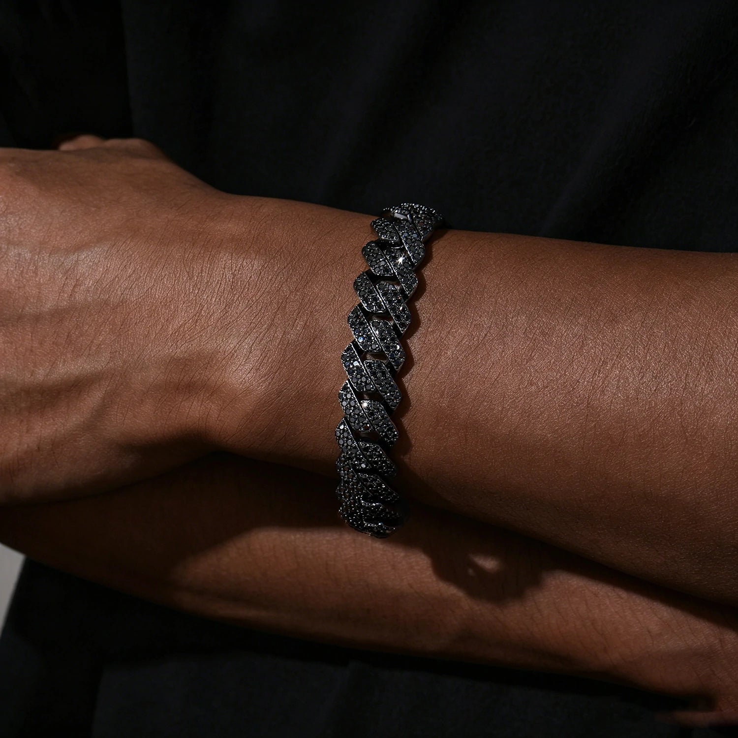 14mm S925 2 Rows Black Moissanite Cuban Link Bracelet in Black Gold
