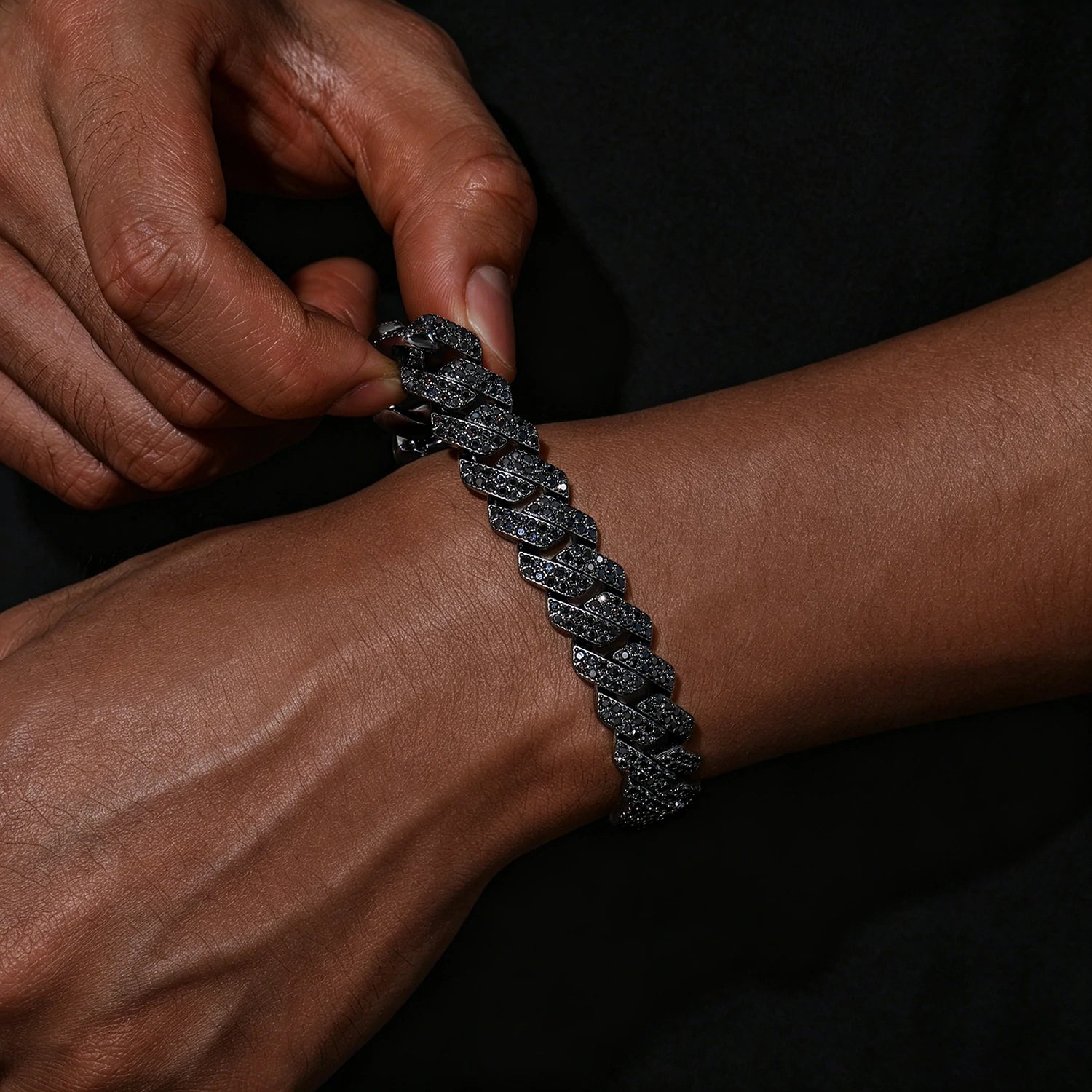 14mm S925 2 Rows Black Moissanite Cuban Link Bracelet in Black Gold