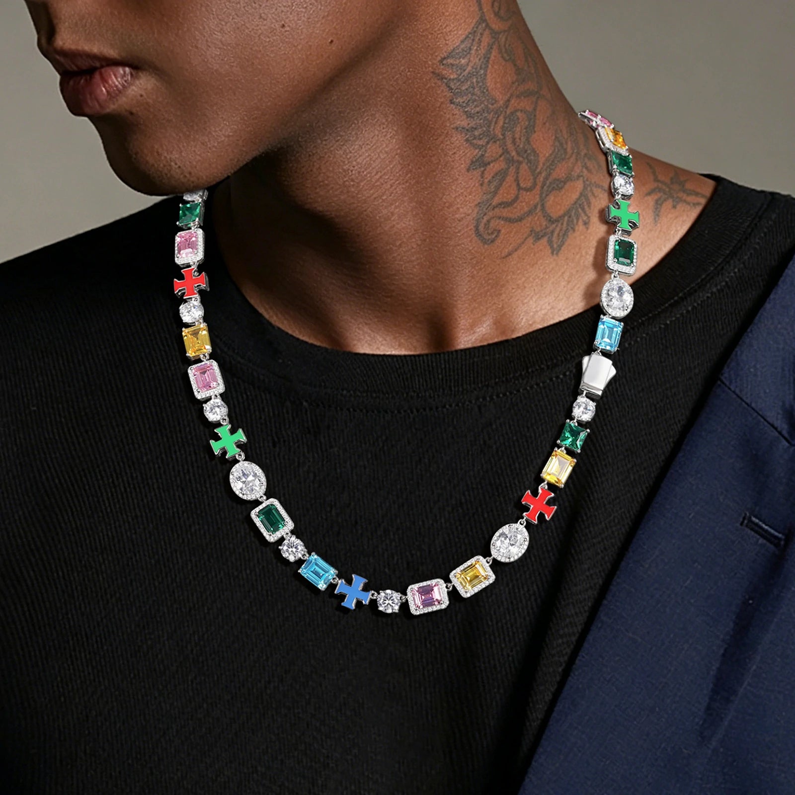 10mm S925 Moissanite Enamel Cross Colorful Gemstone Tennis Chain