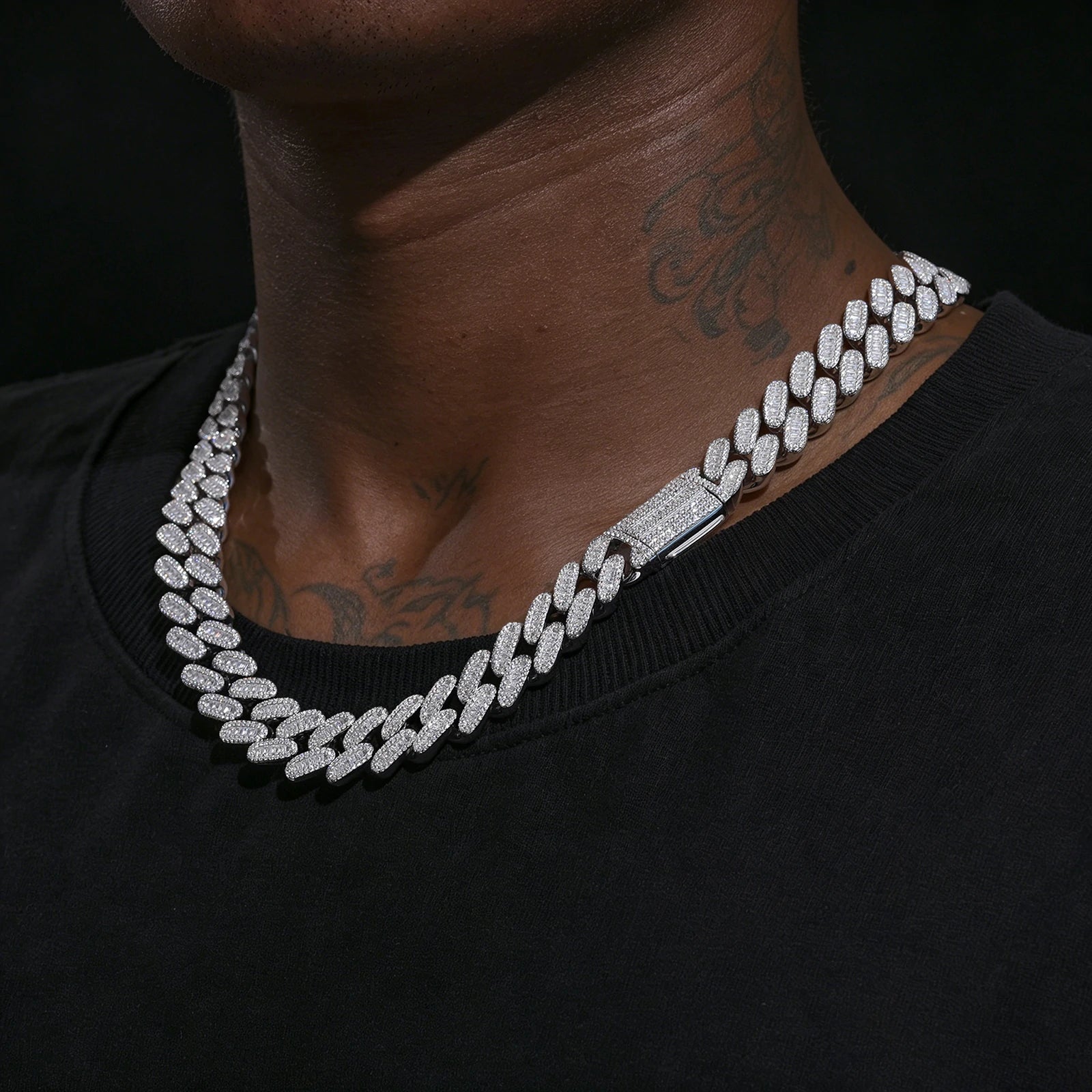 14mm S925 1 Row Baguette Moissanite Cuban Link Chain