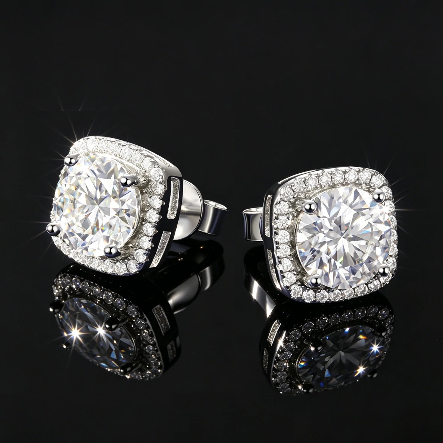 S925 Moissanite Square Halo Stud Earrings