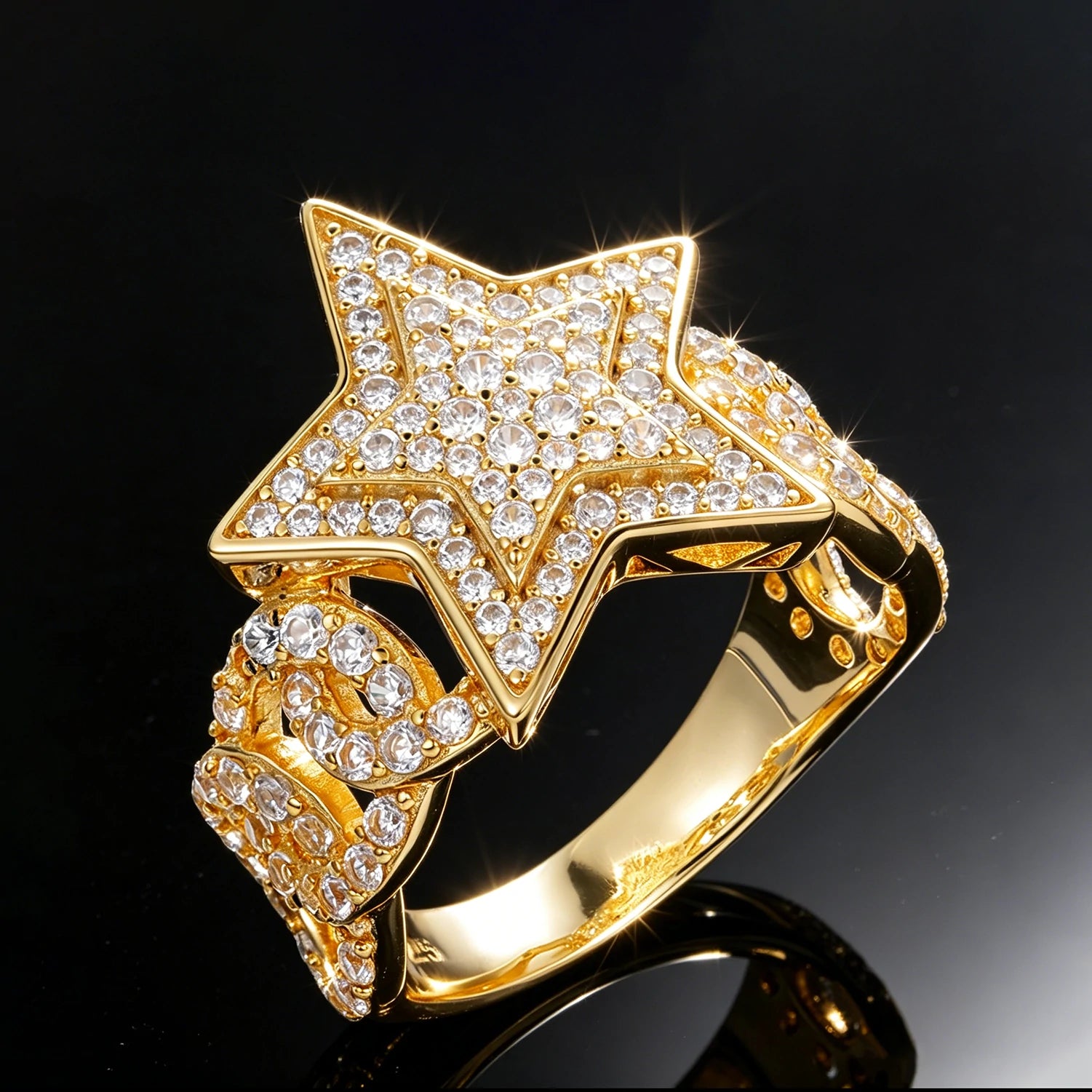 S925 Moissanite Cuban Link Side Star Ring