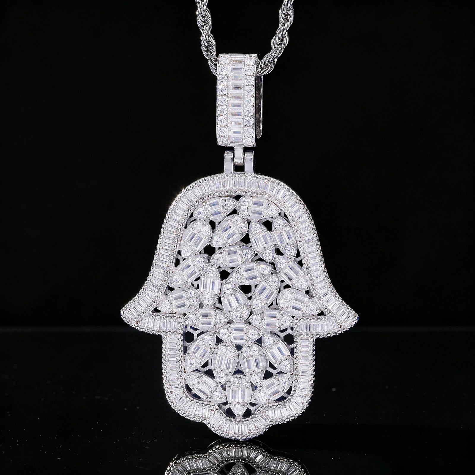 S925 Pear Cut Moissanite Hollow Hamsa Hand Pendant