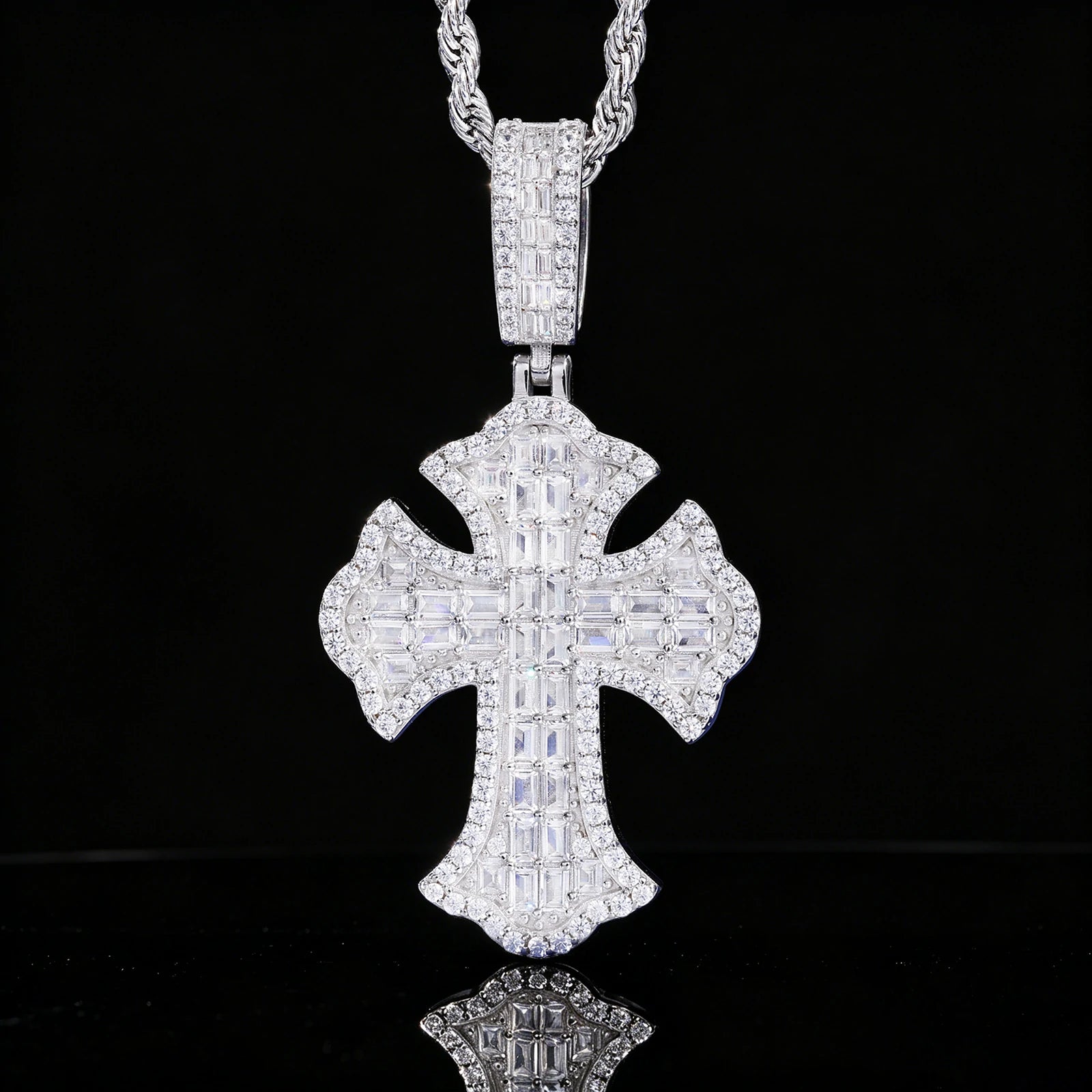 S925 Baguette Moissanite Iris Cross Pendant