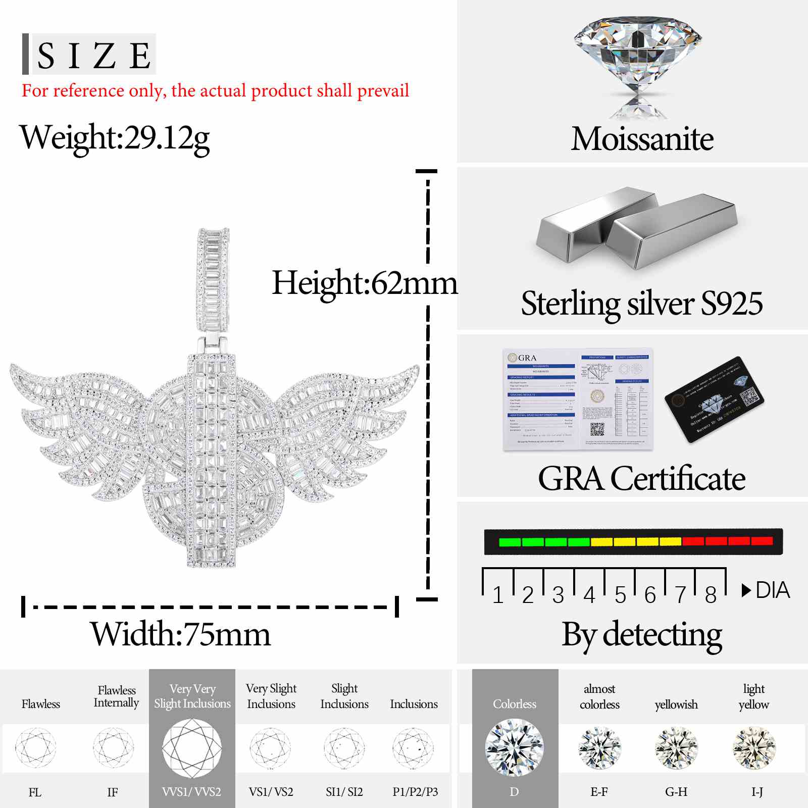 Size chart: S925 Moissanite pendant (2.8cm wingspan) compared to US quarter coin and ruler, with chain thickness details for perfect hip hop jewelry fit