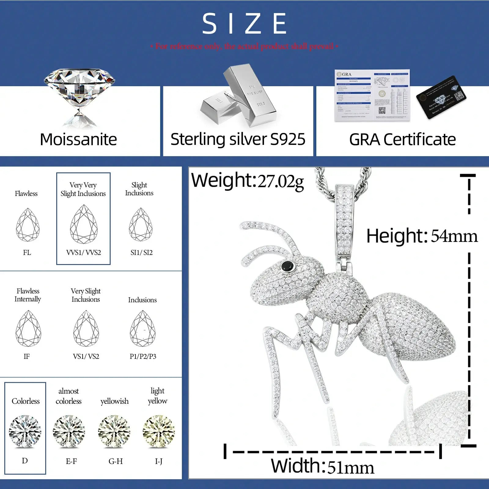 Technical specifications diagram for white gold ant pendant - showing dimensions, 925 sterling silver material, and VVS moissanite grade