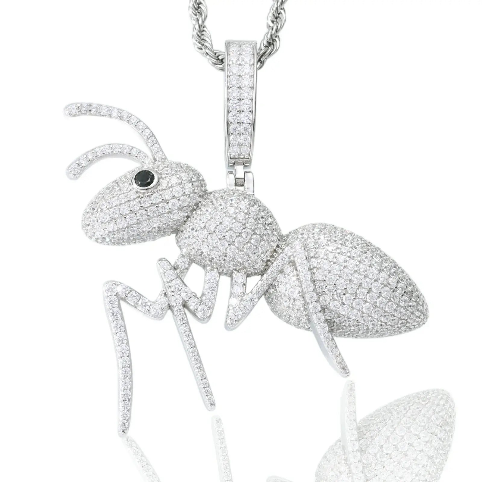 White gold moissanite ant pendant isolated on white background - showcasing detailed craftsmanship and brilliant stone sparkle