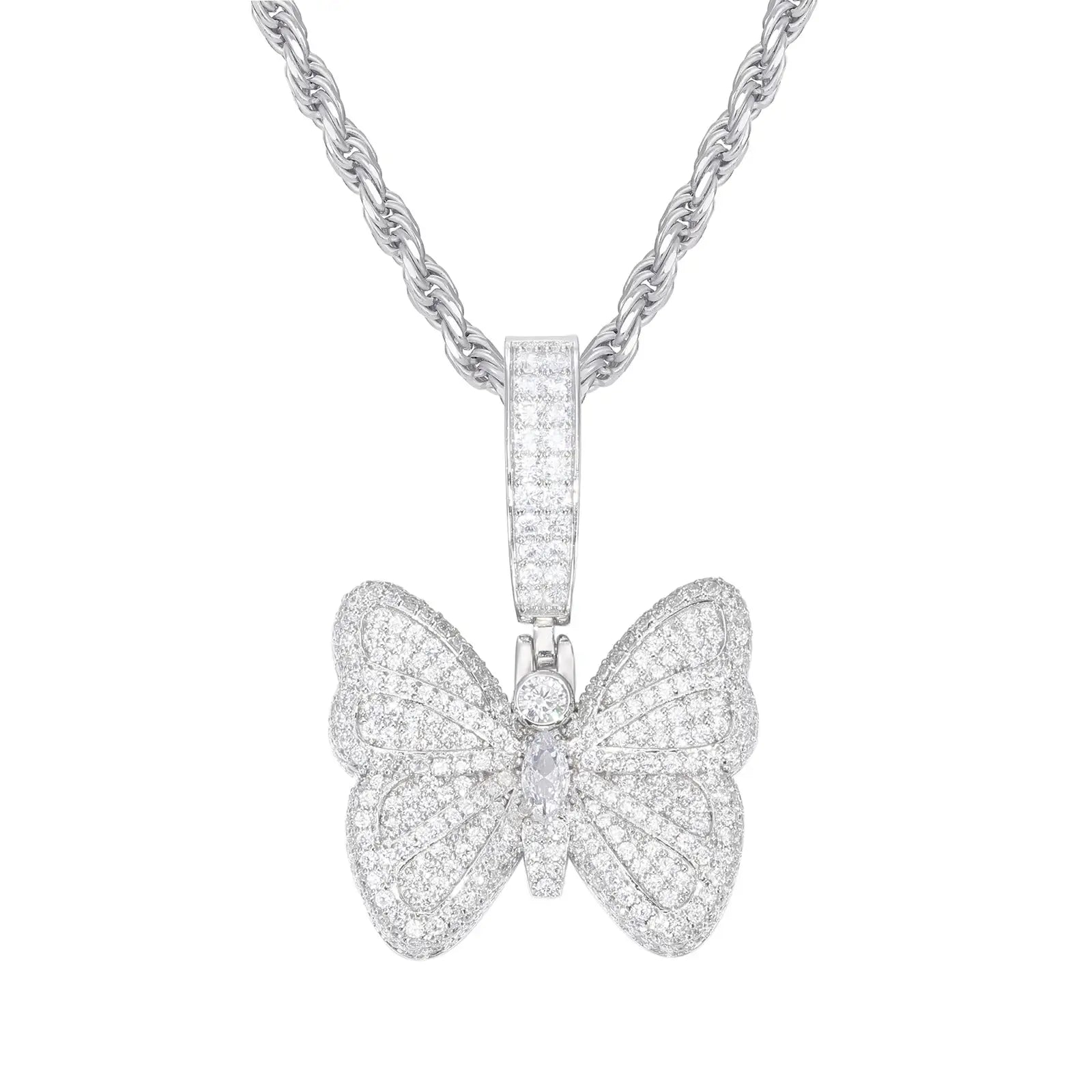 S925 butterfly pendant isolated on white - moissanite wings scattering spectral light | GRA-certified men's jewelry