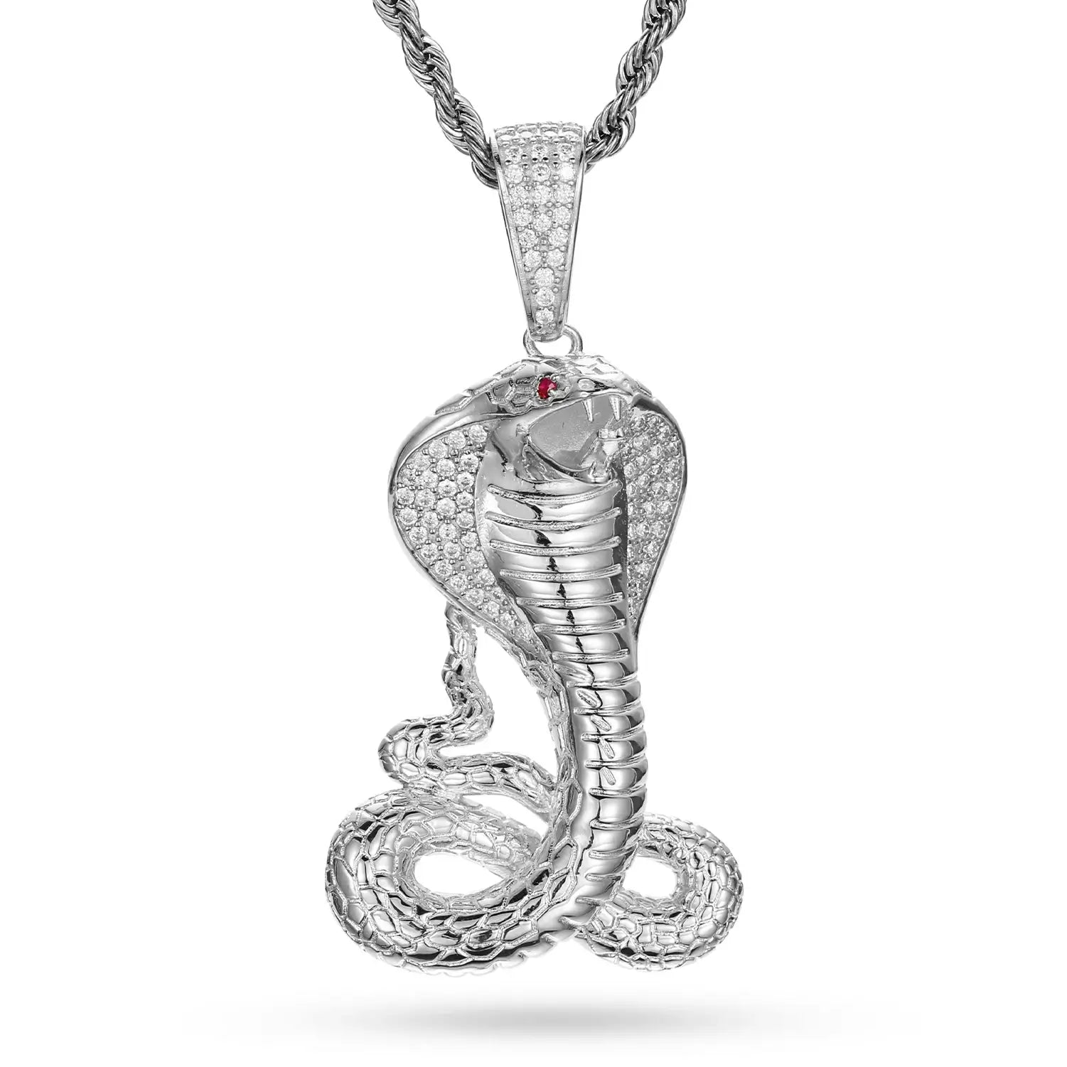 White gold cobra pendant hanging isolated - moissanite-scaled hood under studio lights | GRA-certified S925