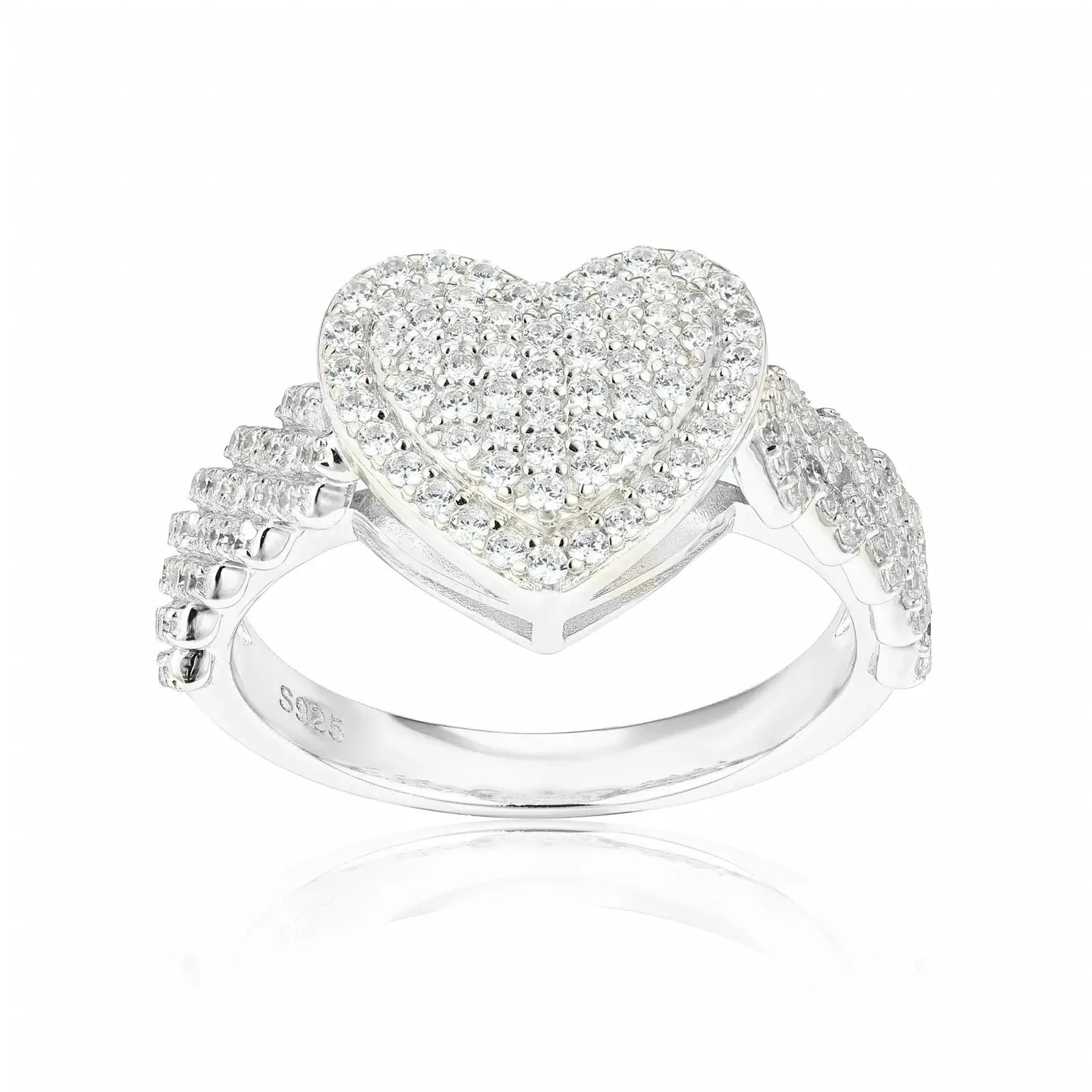  White gold Cuban heart ring isolated - double-layer moissanite hearts under lab lighting | GRA#SR24 certified 0805 design