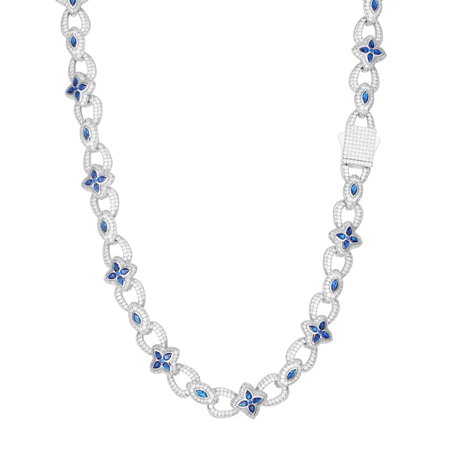 Isolated white gold chain - evil eye and clover charms under lab lighting | GRA-certified S925 necklace