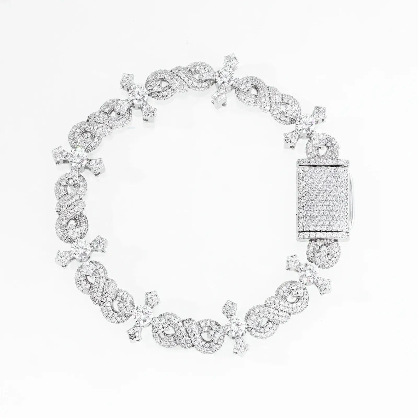 White gold infinity-cross bracelet isolated - sacred geometry under studio lights | GRA-certified S925
