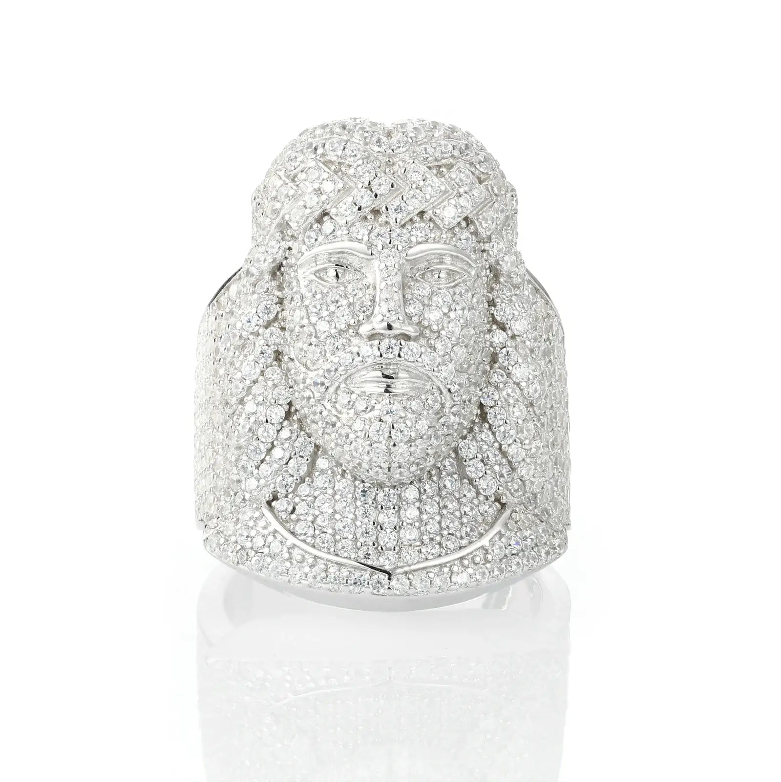 White gold Jesus ring isolated - dimensional relief portrait under lab lighting | GRA#JC24 certified