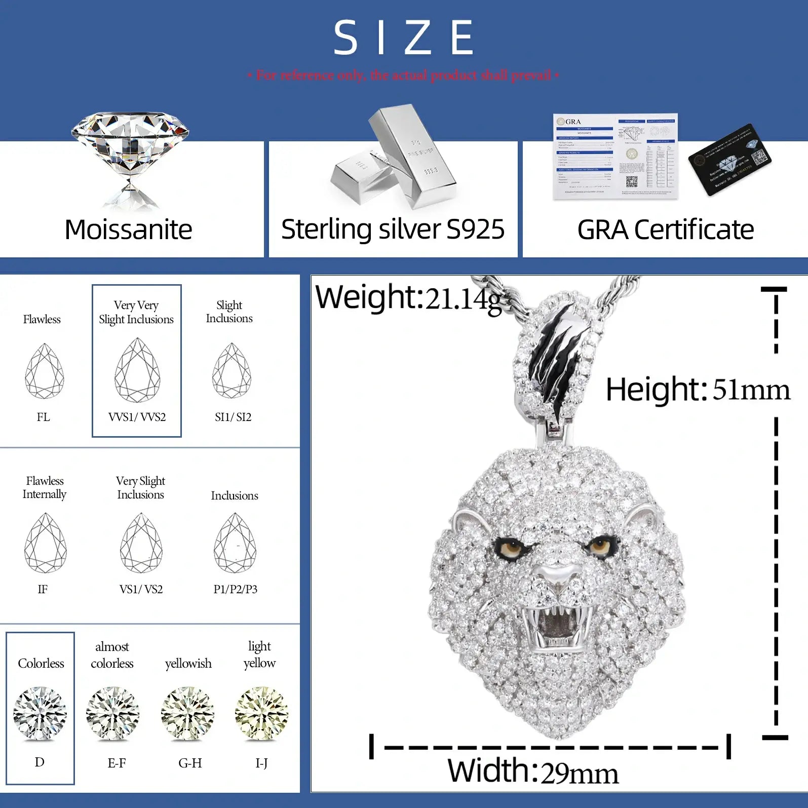Detailed size chart for white gold lion pendant - measurements, 925 sterling silver material, and VVS moissanite grade specifications