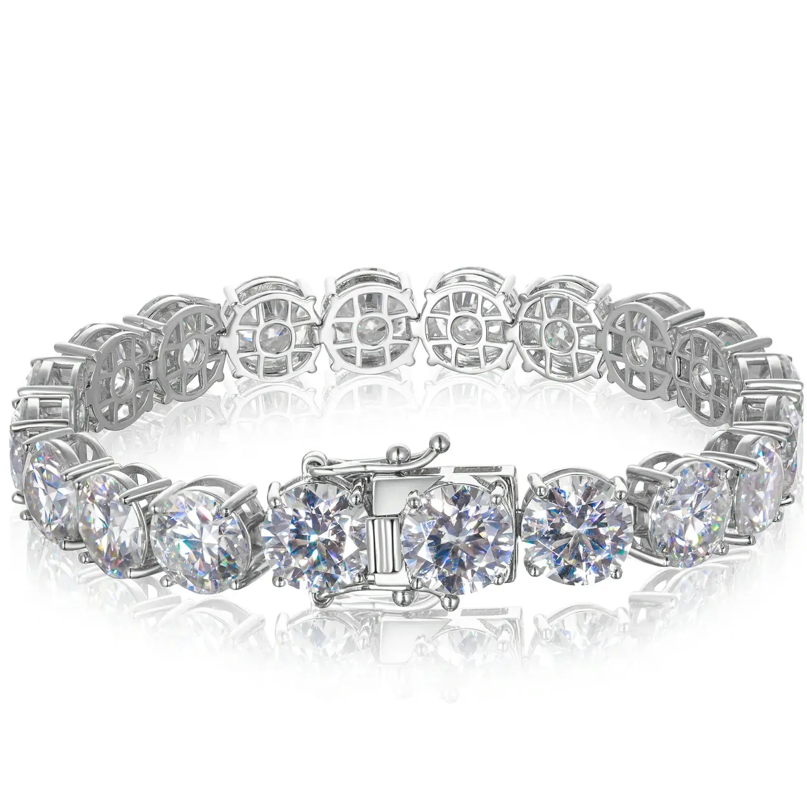 10mm white gold moissanite tennis bracelet isolated on white background, highlighting 11-stone brilliance and hypoallergenic 925 silver quality.