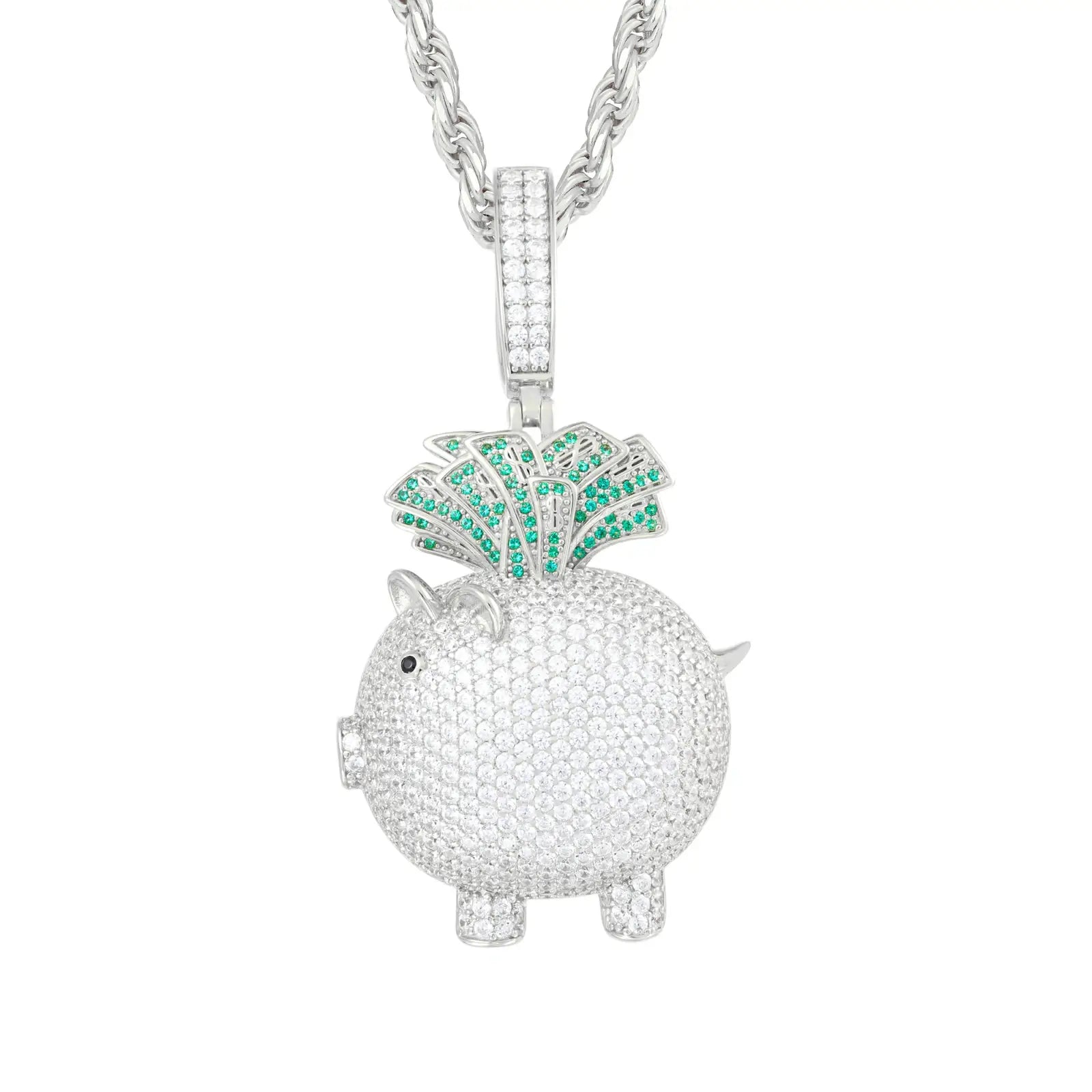 S925 piggy pendant isolated on white - moissanite body with cash fan detail | GRA-certified prosperity jewelry