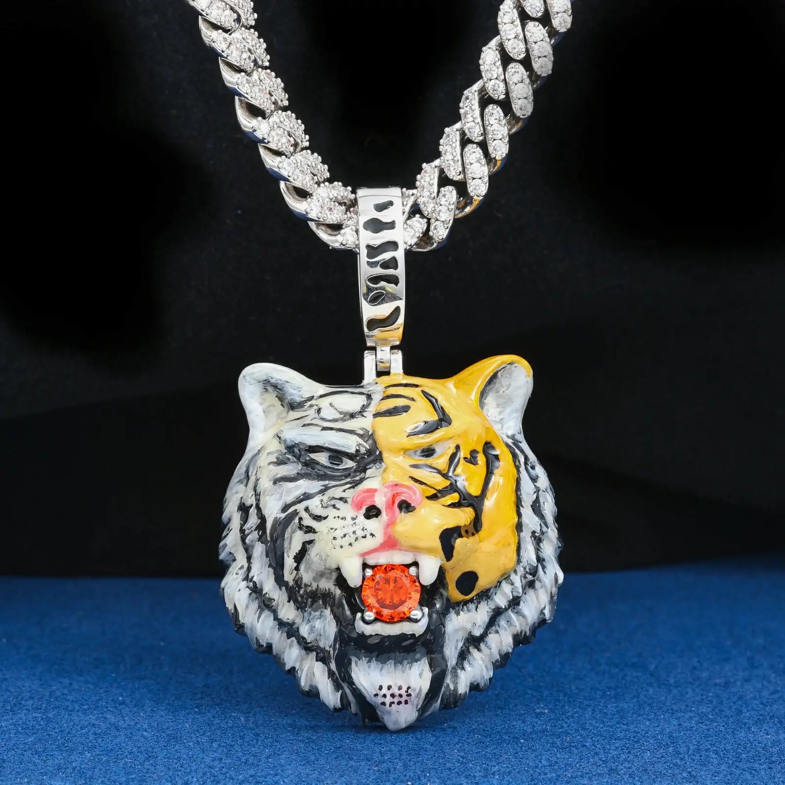 White gold tiger head pendant on Cuban chain - dual-tone enamel plating with red moissanite tongue | JADE luxury men's jewelry