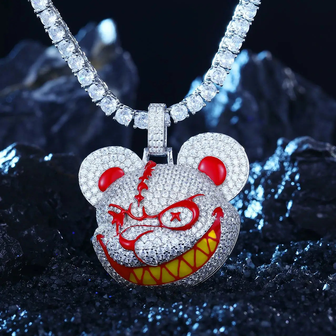 White gold violent bear head pendant on tennis chain - moissanite fur texture with red enamel eyes | Men's luxury streetwear jewelry