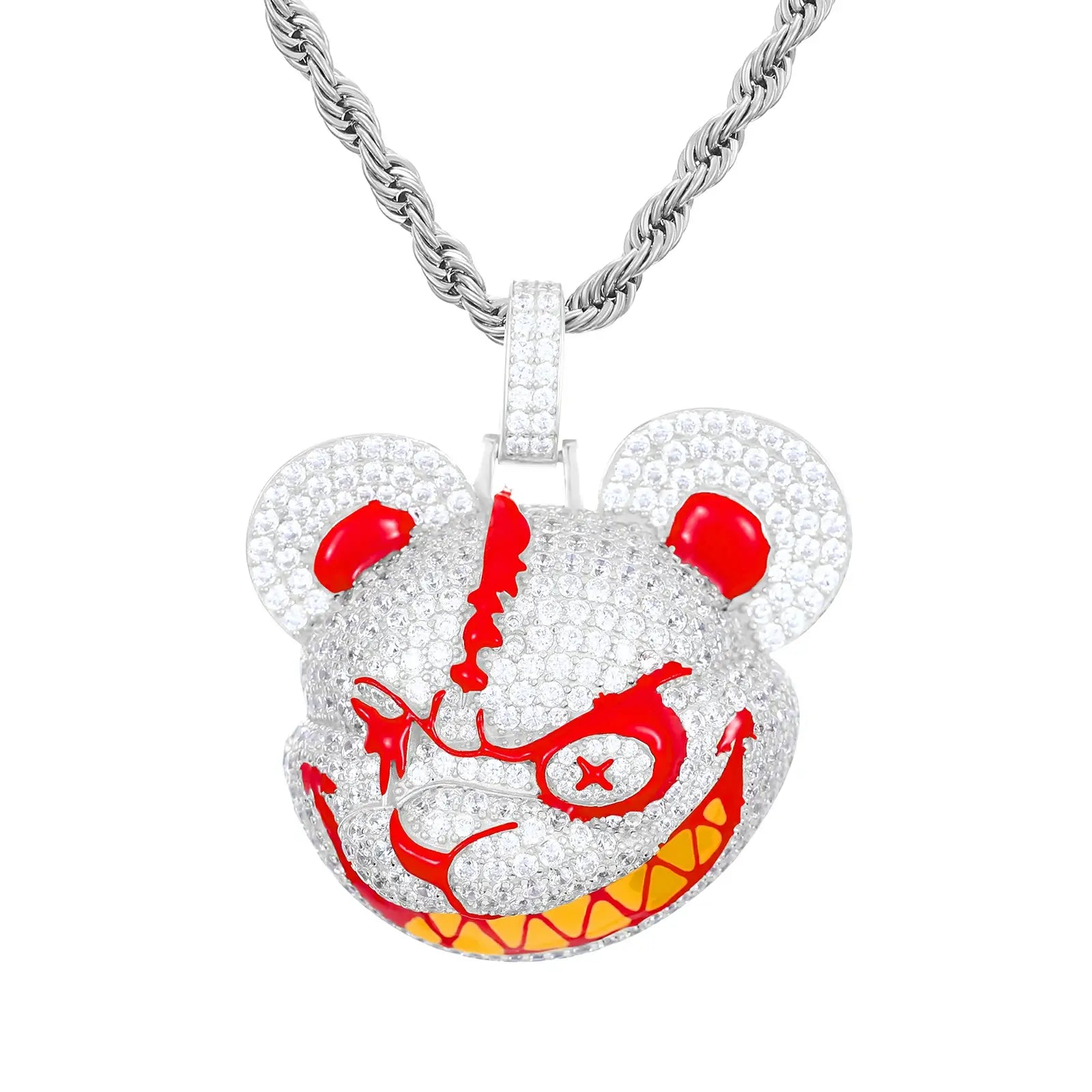 White gold bear pendant isolated - moissanite-accented fur and red enamel eyes | GRA-certified street luxury