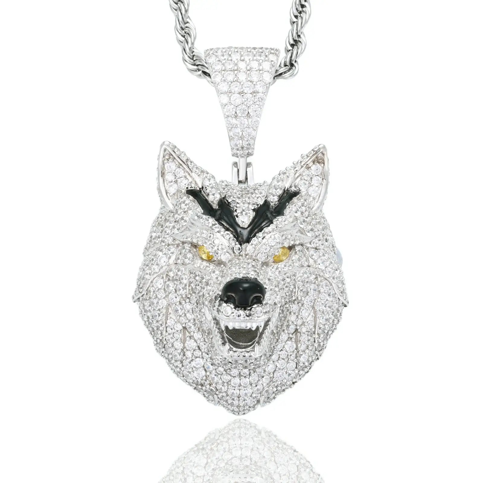 White gold wolf head pendant isolated on white background - full moissanite pave setting with intense sparkle and detail
