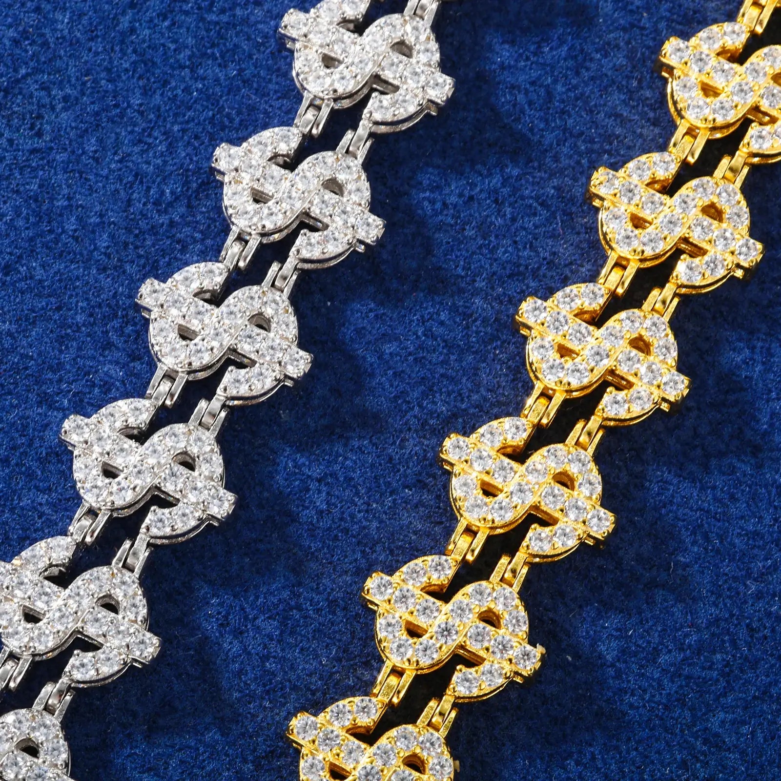 Luxury duel: 12mm white/yellow gold dollar bracelets on marble - extreme closeup of $ links with pavé moissanite settings under studio lights