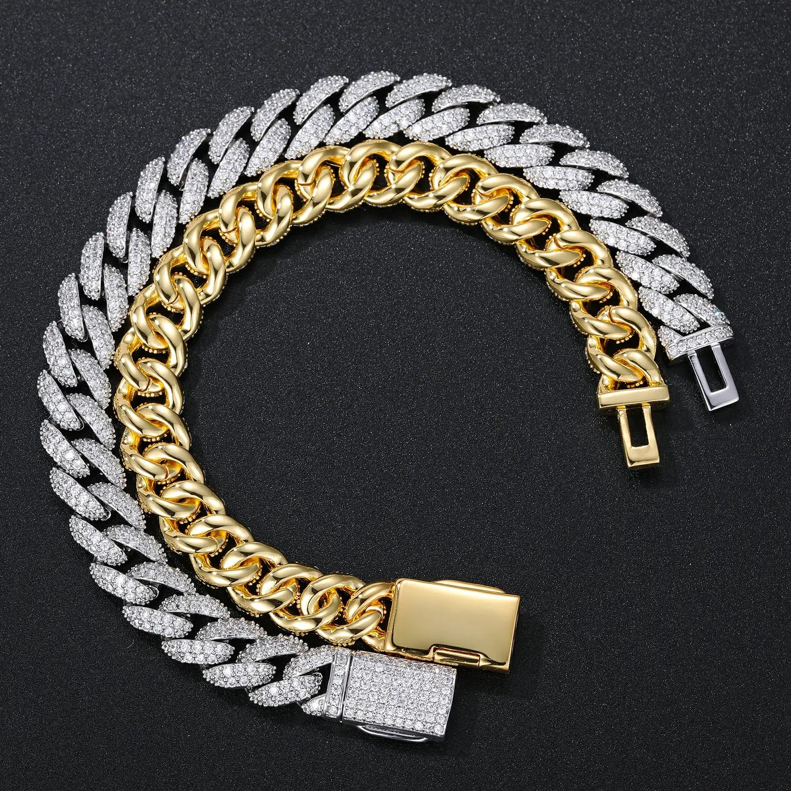 White gold front view and yellow gold back view Cuban bracelets side by side on black desk, comparing pave CZ stone settings and craftsmanship.
