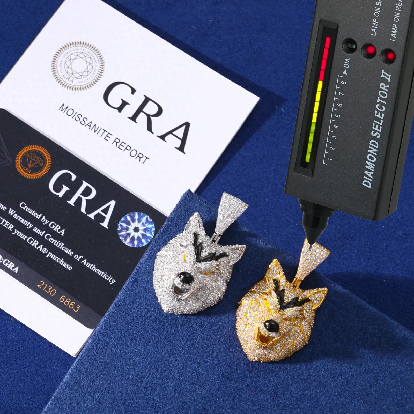 Diamond tester verification with GRA certificate for wolf head pendant - authentic moissanite quality and brilliance certification