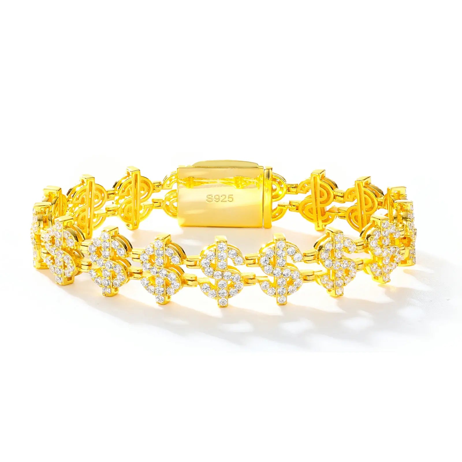 Luxury 12mm yellow gold dollar bracelet isolated - waterproof S925 silver with micro-prong moissanites under clinical lighting