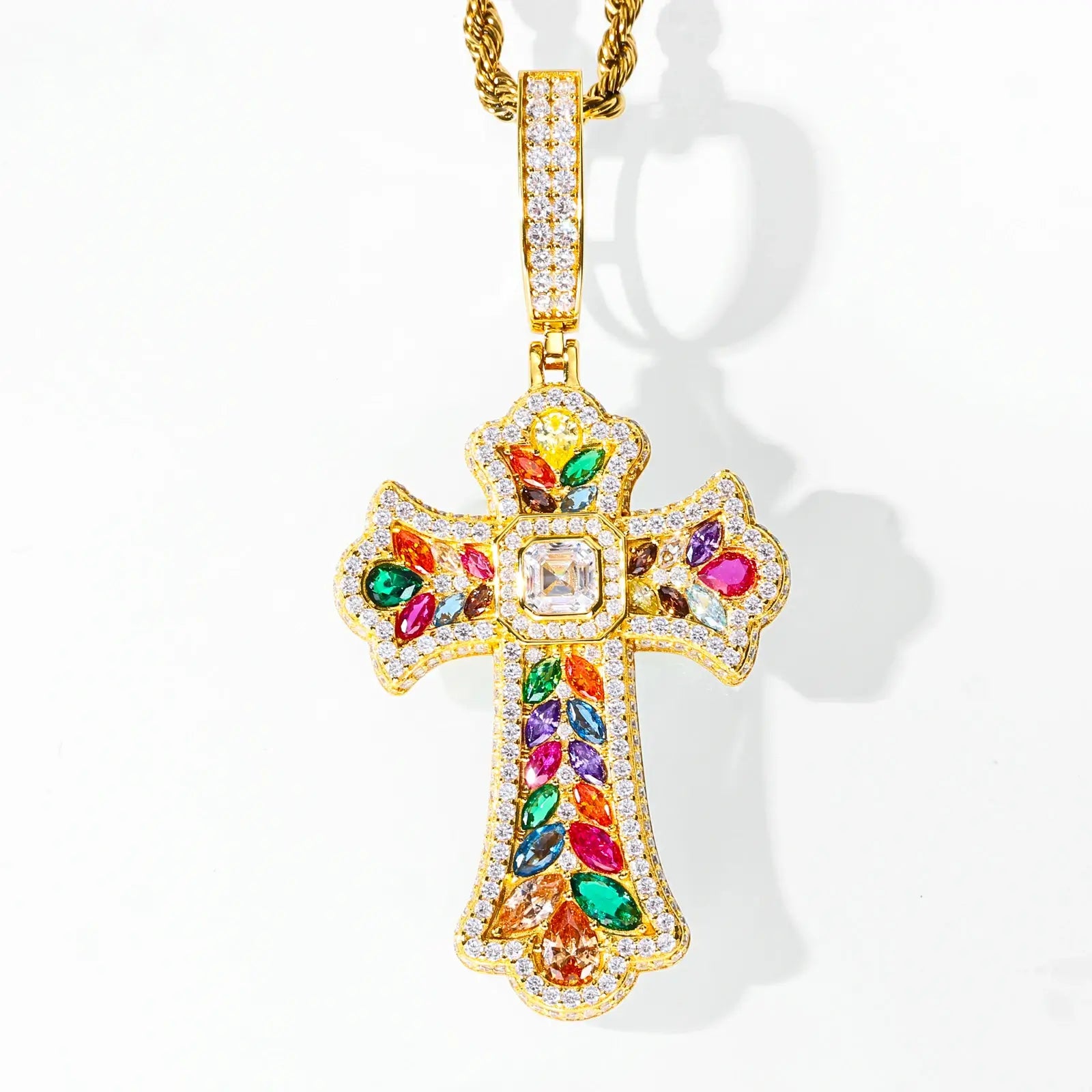 Detachable yellow gold moissanite cross pendant for chain layering - candy assorted colors studio product photo